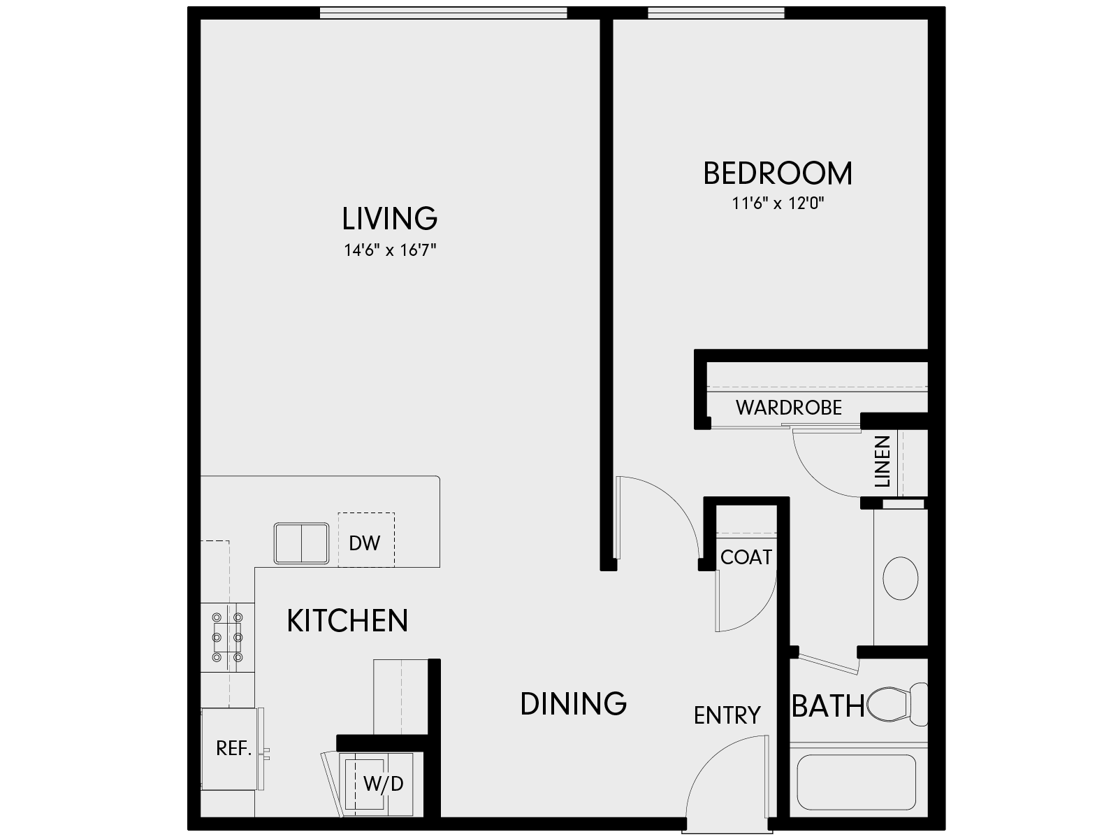 Floor plan for 1 bed, 1 bath, 810 sqft